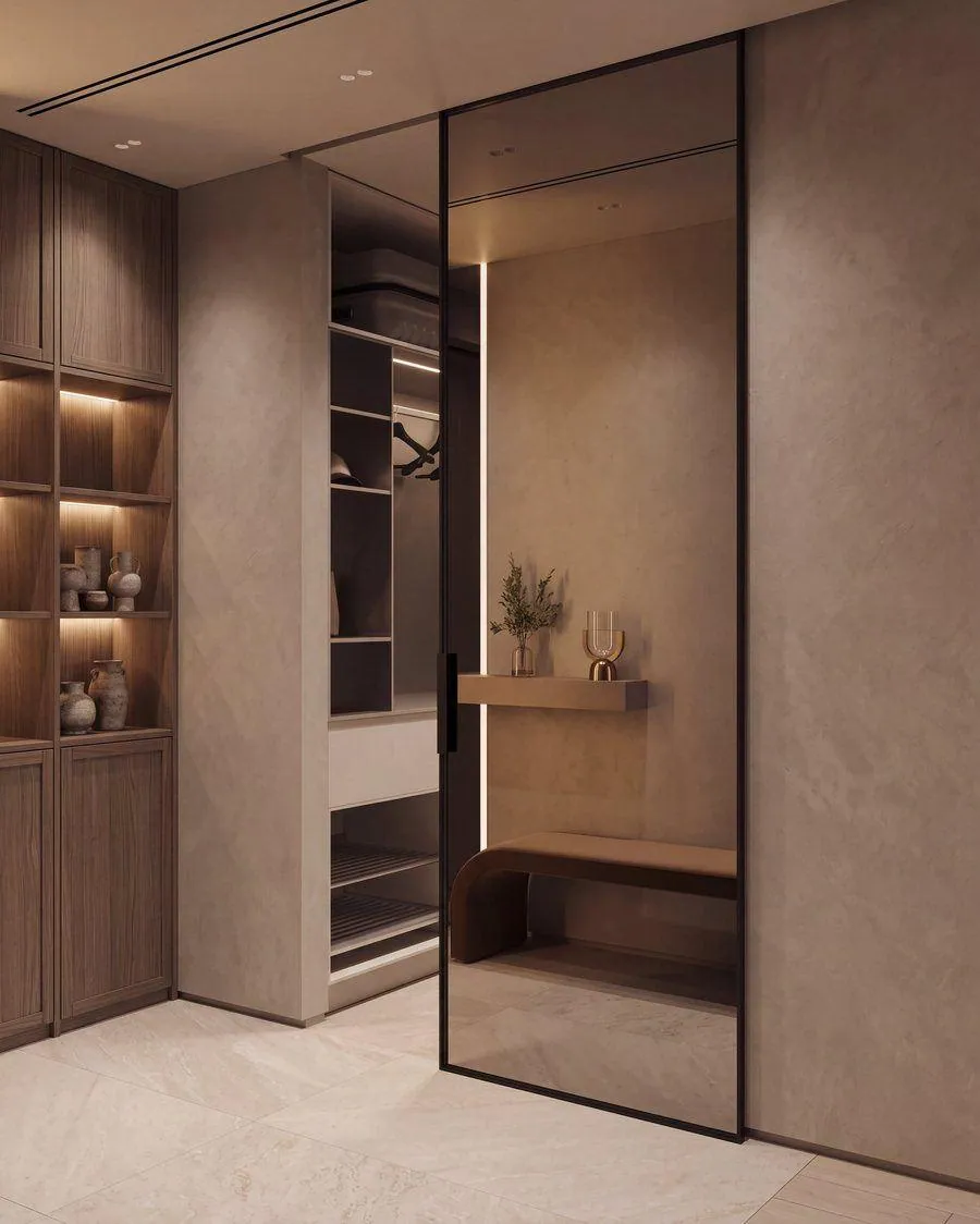 Slide-along-wall, smoked mirror