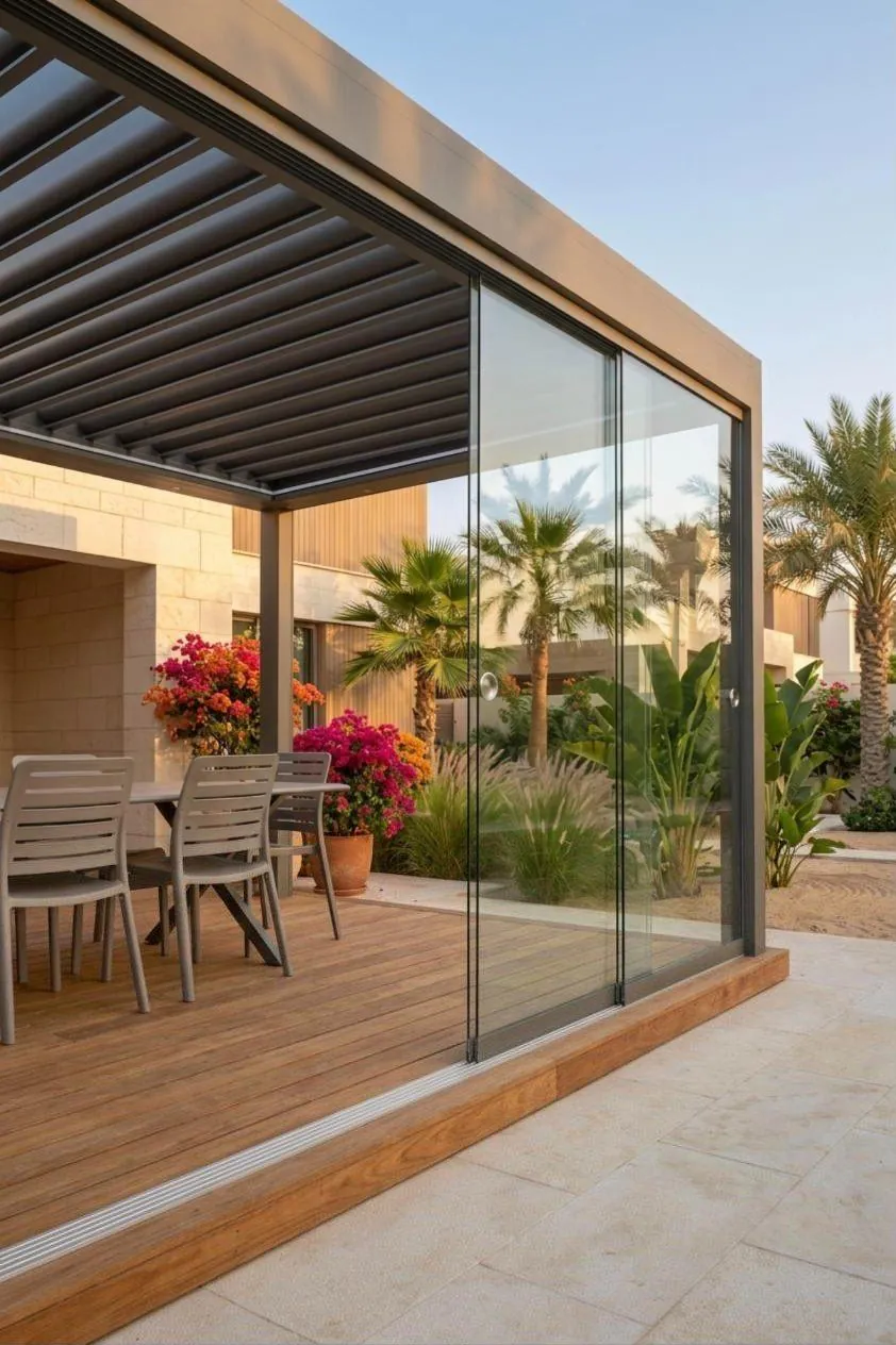 With frameless sliding glass enclosure